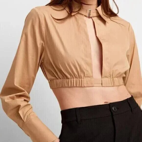 NWT 90s Style Collared Long Sleeve Cutout Blouse Top Tan Camel - Picture 3 of 3